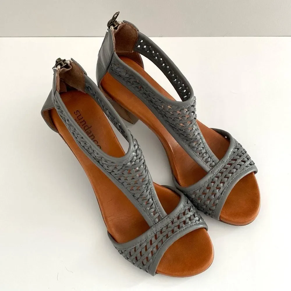 Sundance Gray Woven Leather Sandals 38 (US 7.5) Boho Chic Coastal